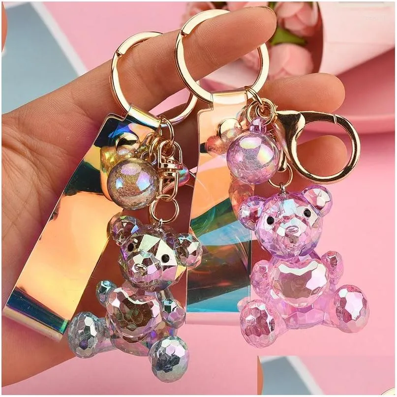 Keychains Lanyards Acrylic Symphony Faceted Bear Keychain Heart Pendant Leather String Accessories Bag Female Women Key Holder Dro Dho9P