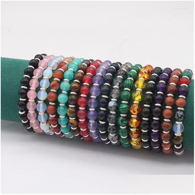 Perlenstrang 16 Farben natürliche Edelsteinkugeln Stretch-Armbänder Mix runder Stein und Silber-Abstandshalter Geschenk GB022 Drop Delivery Schmuck Dhxz8