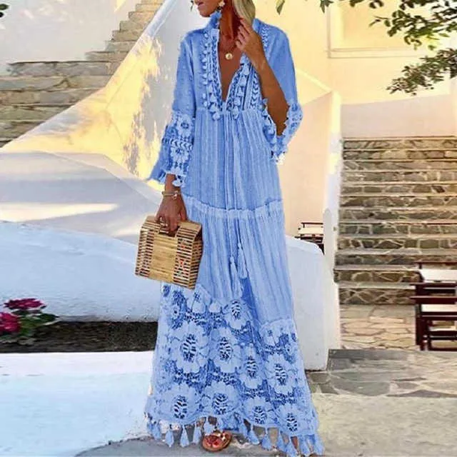 Women's Floral Patterned Dress with Lace Fringe
