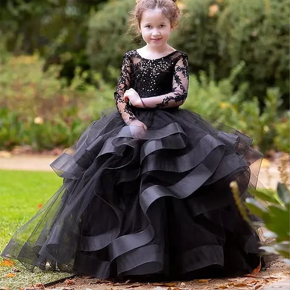 Princesse Fleur Filles Robes Volants Pluffy Organza Longues Robes De Fête De Mariage Dentelle Appliques Paillettes Perlée Robe De Bal Enfants Brithday Robe De Fête Couleur Sur Mesure