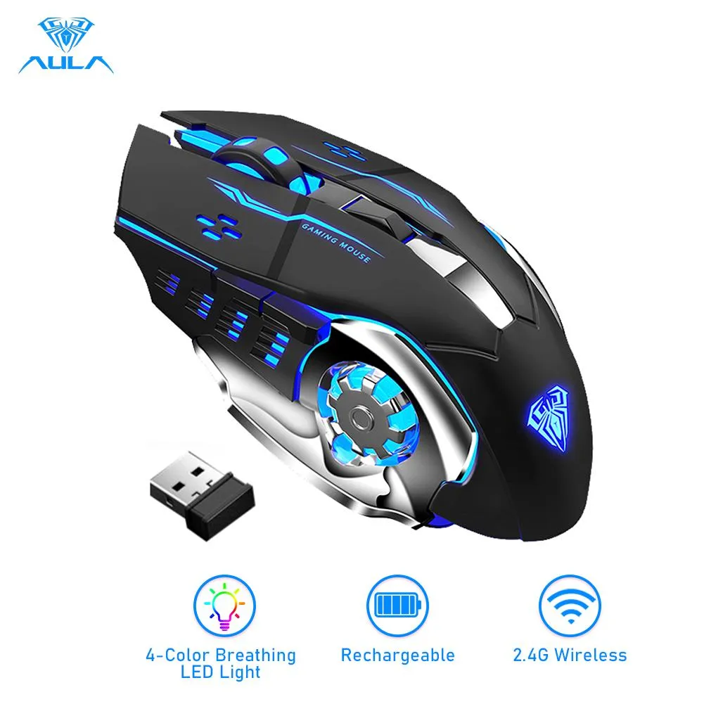 MICE AULA SC100 Wireless Silent Gaming Mouse Mouse Oplaadbaar 1600 DPI 7 knoppen Ergonomische optische USB Mute -muis voor pc -laptop bureaublad