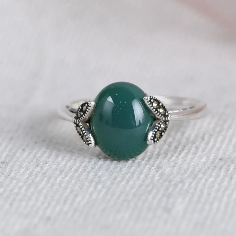 Cluster Rings FNJ Flower 925 Silver Ring For Women Jewelry Original Pure S925 Sterling Natural Green Agate MARCASITE