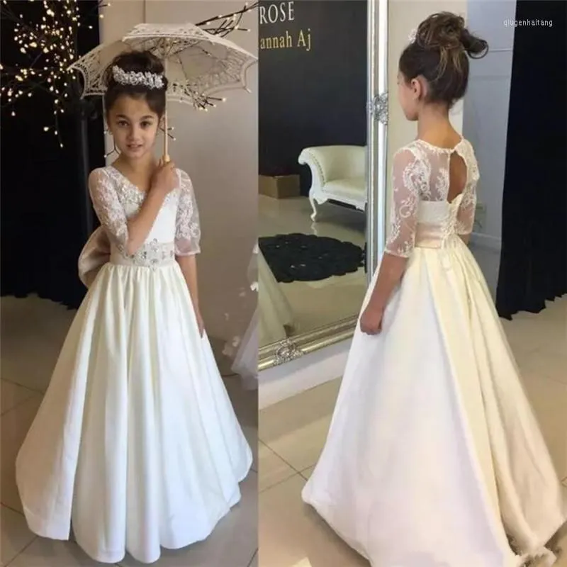 Vestidos de menina vestido de flor de cetim de renda branca para casamento Up Heckhole de volta meia mangas A-line Girls Primeira Comunhão