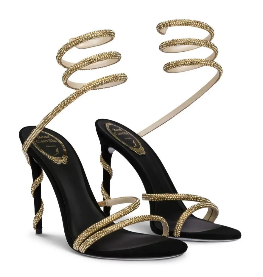 صيف 2023S/S Margot Crystal Sandals أحذية النساء Renecaovilla Snake ملفوفة عالي الكعب الحزب