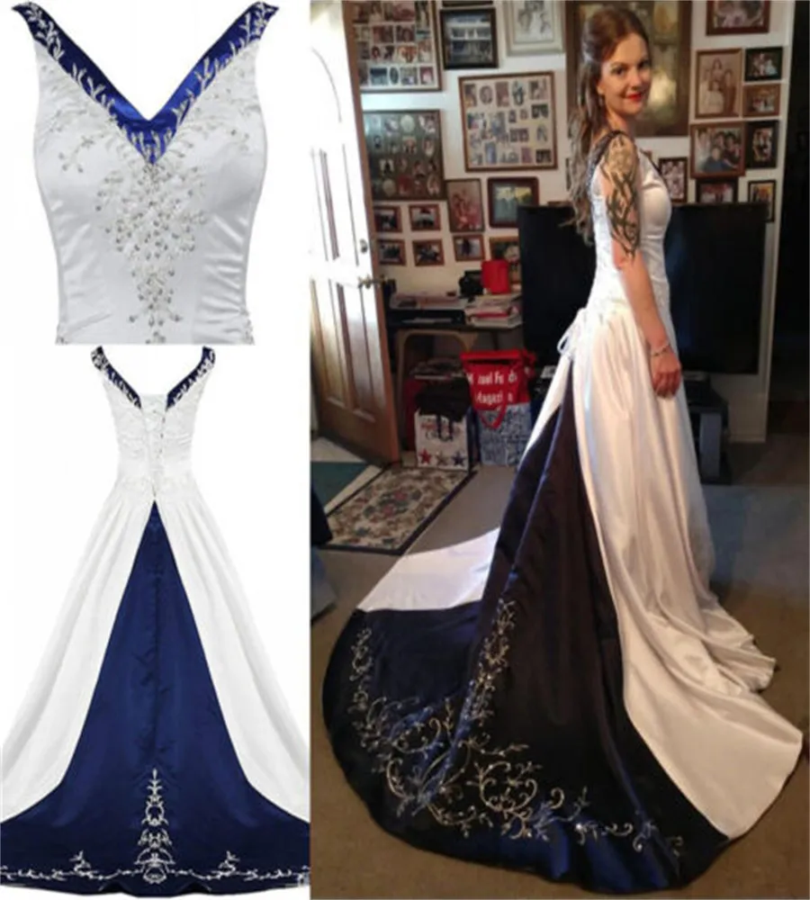 Gothic Navy With White Wedding Dress 2023 Elegant Embroidery Beaded Satin Boho Rustic Country Bride Dress Celtic Hippie Bridal vestidos de novia Gothic robe mariee