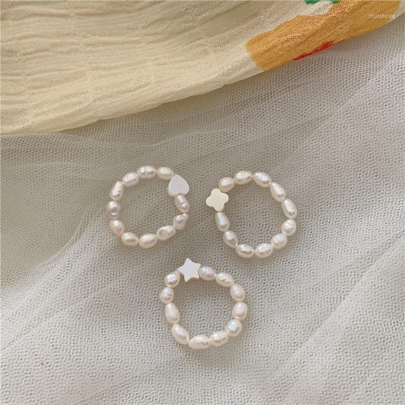Cluster Rings Imitation Pearl Fashion Elastic Rope Ring Simple Love Peach Heart-Shaped Women Girls Jewelry Gift