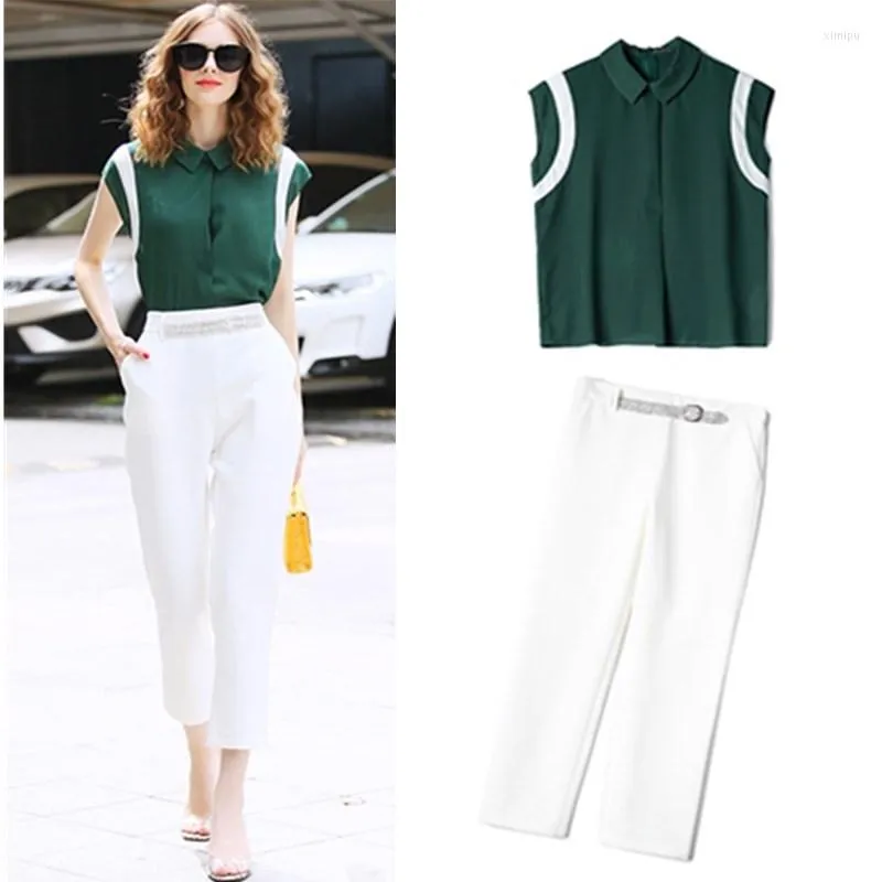 Dames tweedelige broek Spring Summer 2 Pieces Sets Dameskantoor Dames Green Tops Splitte Twinsets Blouses en White Sparkle Slim