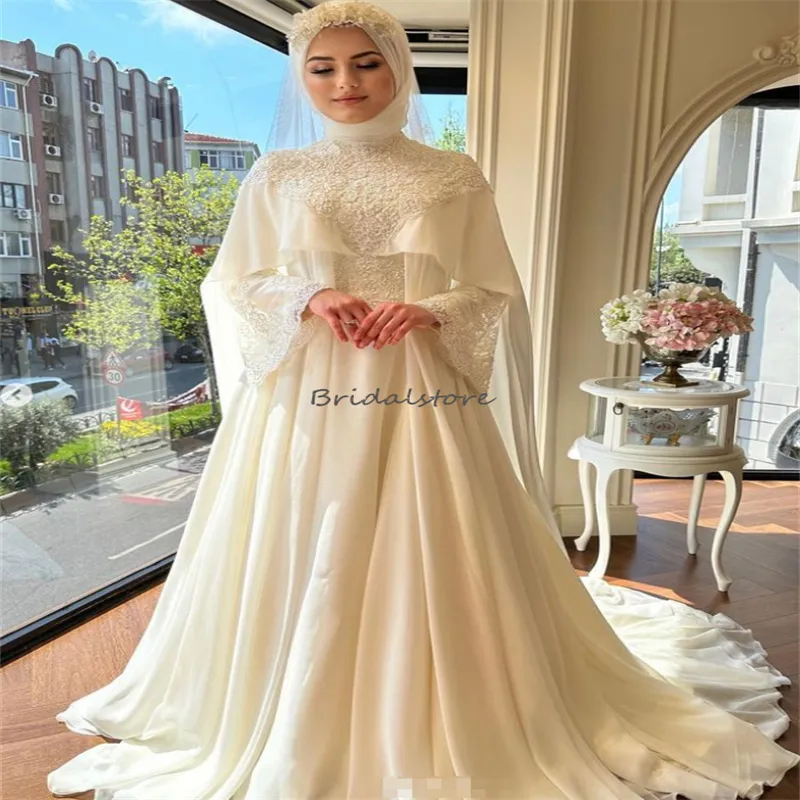 Abito da sposa musulmano islamico di lusso con elegante pizzo a maniche lunghe con cappuccio Boho Turchia Abito da sposa marocchino Dubai Sposa araba 2023 Abiti da sposa abito da sposa