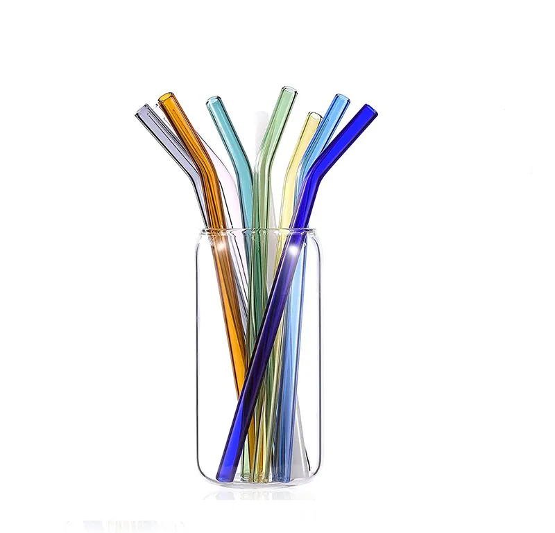 Pajitas de vidrio reutilizables de 215x8mm, pajita de vidrio de colores transparente curvada recta de borosilicato ecológico para jugo de cóctel de leche