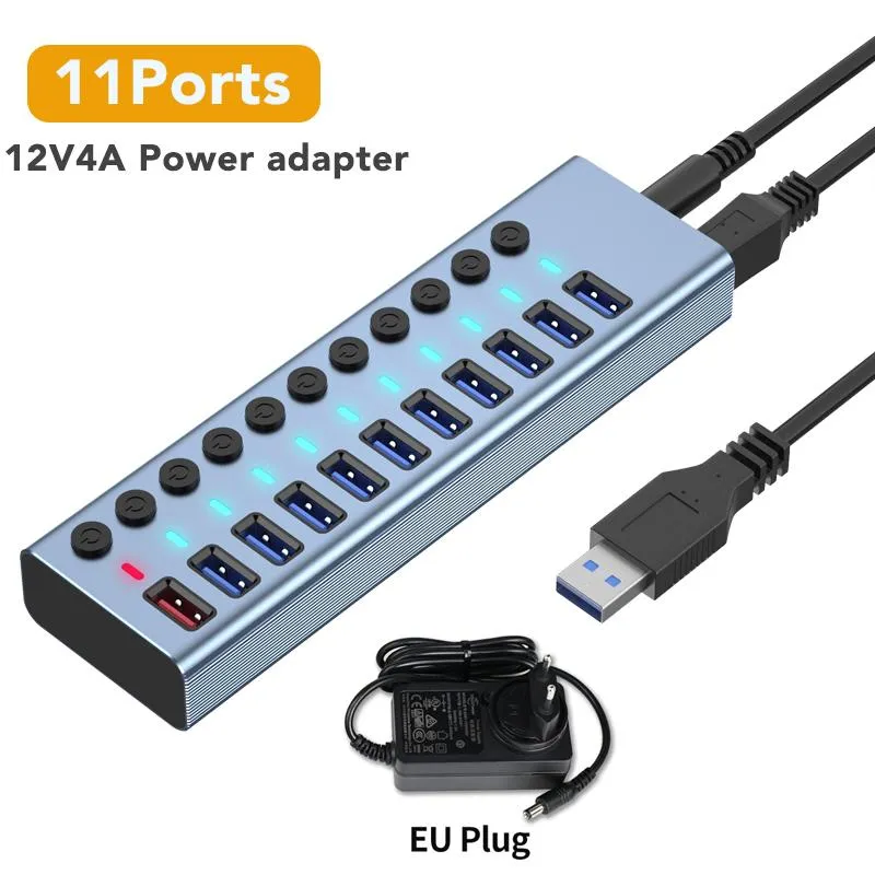 Hubs 12V Powered USB3.0 Hub Dados USB 4 7 10 Portas com 5V2.4A CARREGEM FASH TABLE