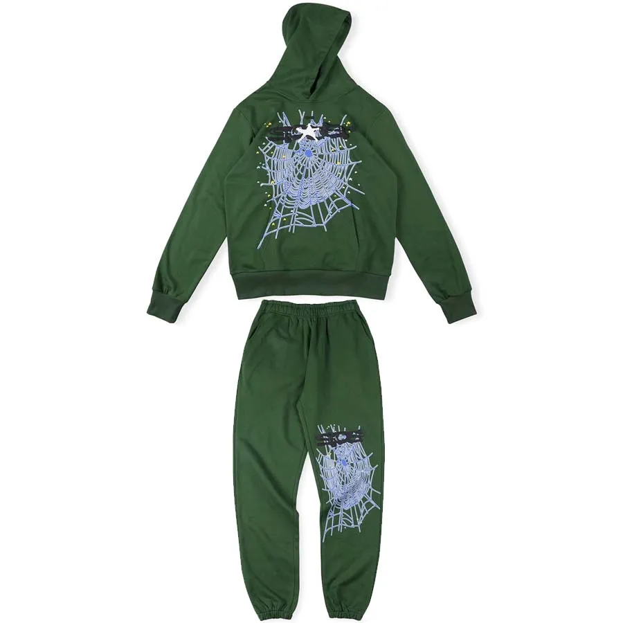 23FW Green Fleece Sports Suit With Big 5 Printed Graphic Hoodies