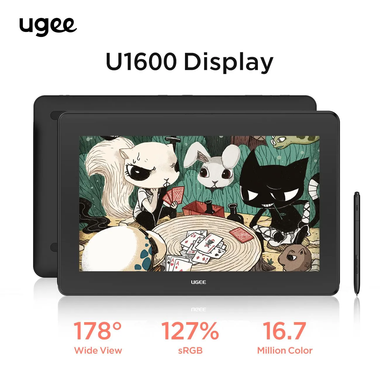 Tablets UGEE U1600 Graphics Tablet Monitor mit 15,4 -Zoll -HD -Bildschirm 127%SRGB 5080LPI für die Gestaltung von Lehrunterstützung Android Windows MacOS