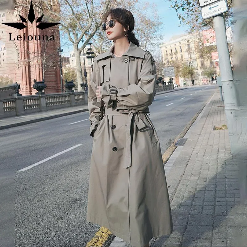 Kvinnors ull blandar Loose Casual 2023 Fashion Women Trench Coat Spring Autumn Long Korean Pure Color Double Breasted British Style