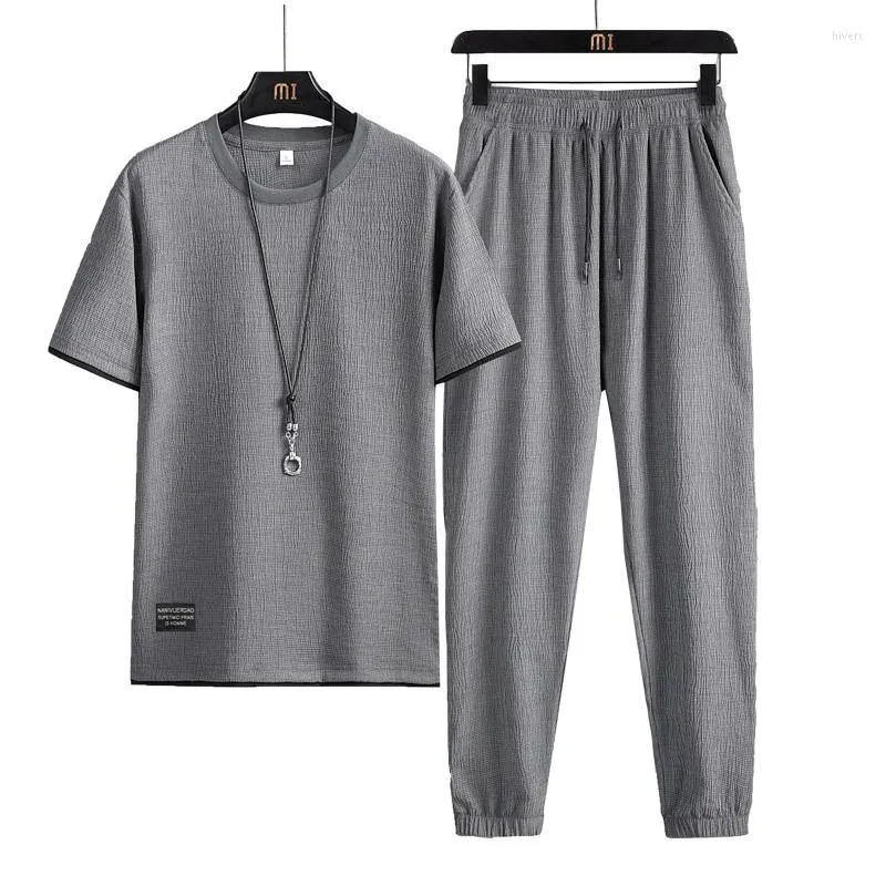 Mäns spårdräkter herrs korta ärm t-shirt lös 2023 Summer Thin Linen Set Korean Fashion Ice Silk Sports