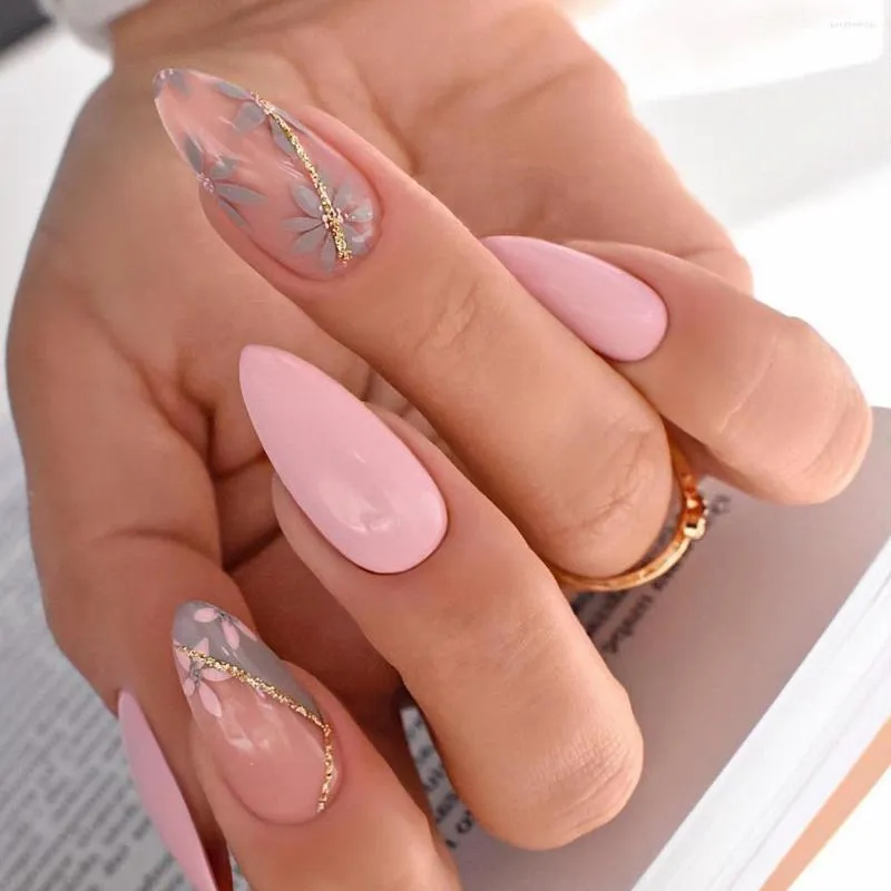 Faux ongles 24 pièces rose amande artificielle avec fleur Design français portable fausse ballerine couverture complète presse sur les conseils