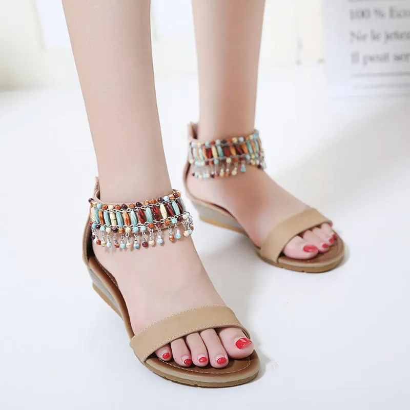 Sandaler Summer Women's Bohemian Ethnic Style Color Matching Tassel Pearl Back Zipper Wedge Heel Roman Shoes High Qualit