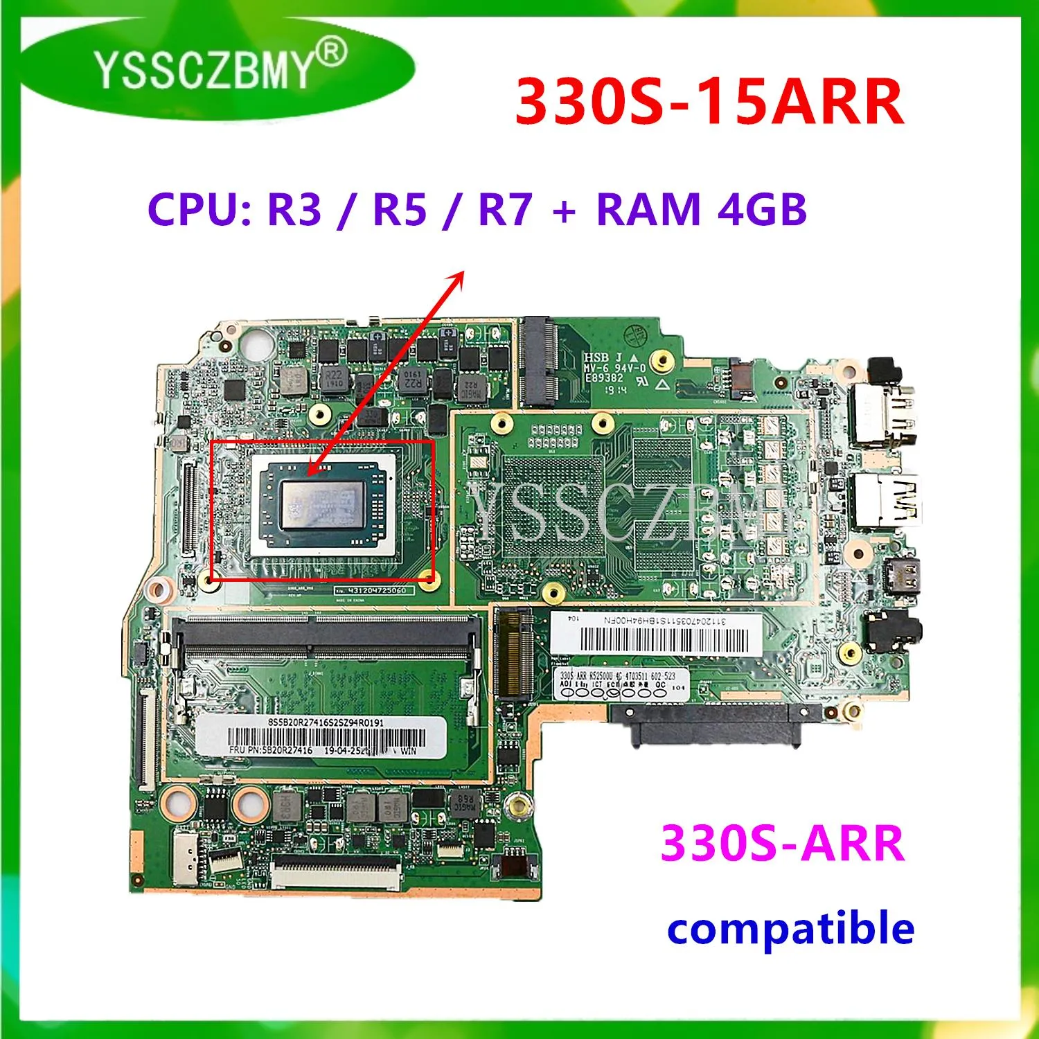 Scheda madre 5B20R27415 / 5B20R27416 Mainboard per Lenovo IdeaPad 330S15arr Laptop Madono con CPU R3 / R5 / R7 + RAM 4GB 100% Test OK