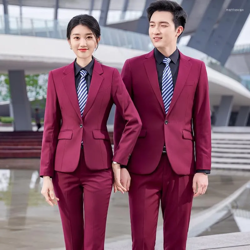 Women's Two Piece Pants Men's And Women's Same Long Sleeve Solid Color One Button Wine Red Suit Black Formal Wear Business Gentleman