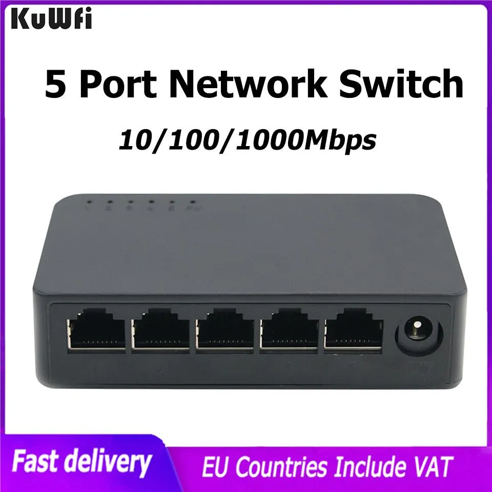 Switches Kuwfi 5 Port Gigabit Switch 100/1000 Mbps Desktop Fast Ethernet Network Switch RJ45 100 Mbps LAN HUB SWITCH FÖR ROUTER/IP -kamera