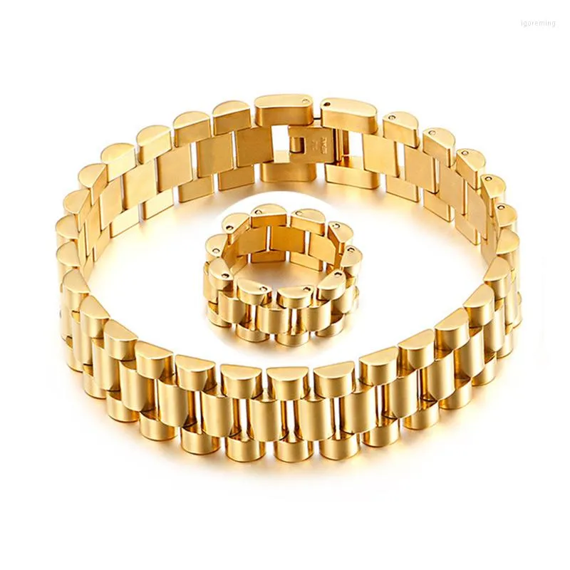 Pulseiras de link 15 mm 15 mm Miami Placa de ouro aço inoxidável anel de pulseira anel para homens Mulheres Hiphop Luxury Watch Bangle Jóias masculinas