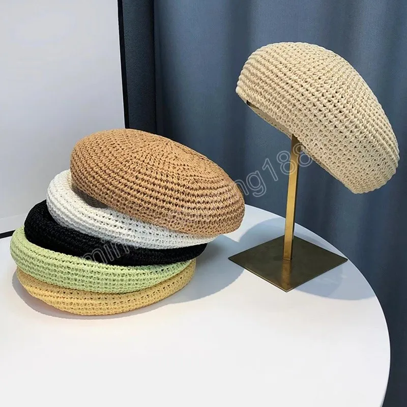 Summer Thin Woven Solid Color Beret Cap Women's Japanese Fresh Hollow Breathable Trend Versatile Painter Hat Gorras