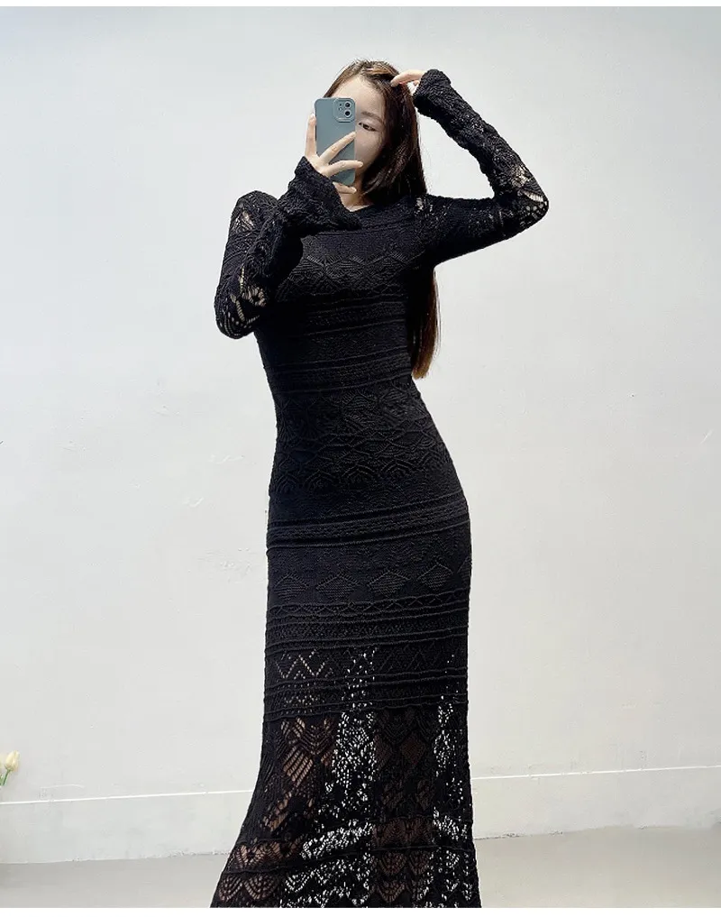 Save Big on Bulk Black Long Sleeve Flare Dress Black Lace Crochet Floral  Knit Dress, Casual A Line Midi Dress For Women, Summer Short Sleeve Daily 