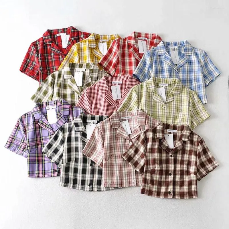 Chemisiers pour femmes printemps mode rétro Plaid couleur assortie fille Style costume col à manches courtes chemise petit haut taille haut