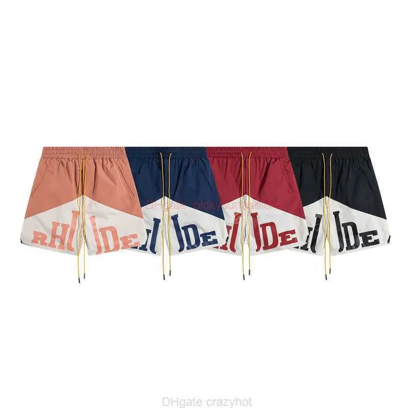 Ontwerper Korte Mode Vrijetijdskleding Strandshorts Rhude Patchwork Kleurcontrast Letter Gedrukt Capri Rechte Touw High Street Zomer Losse Tu