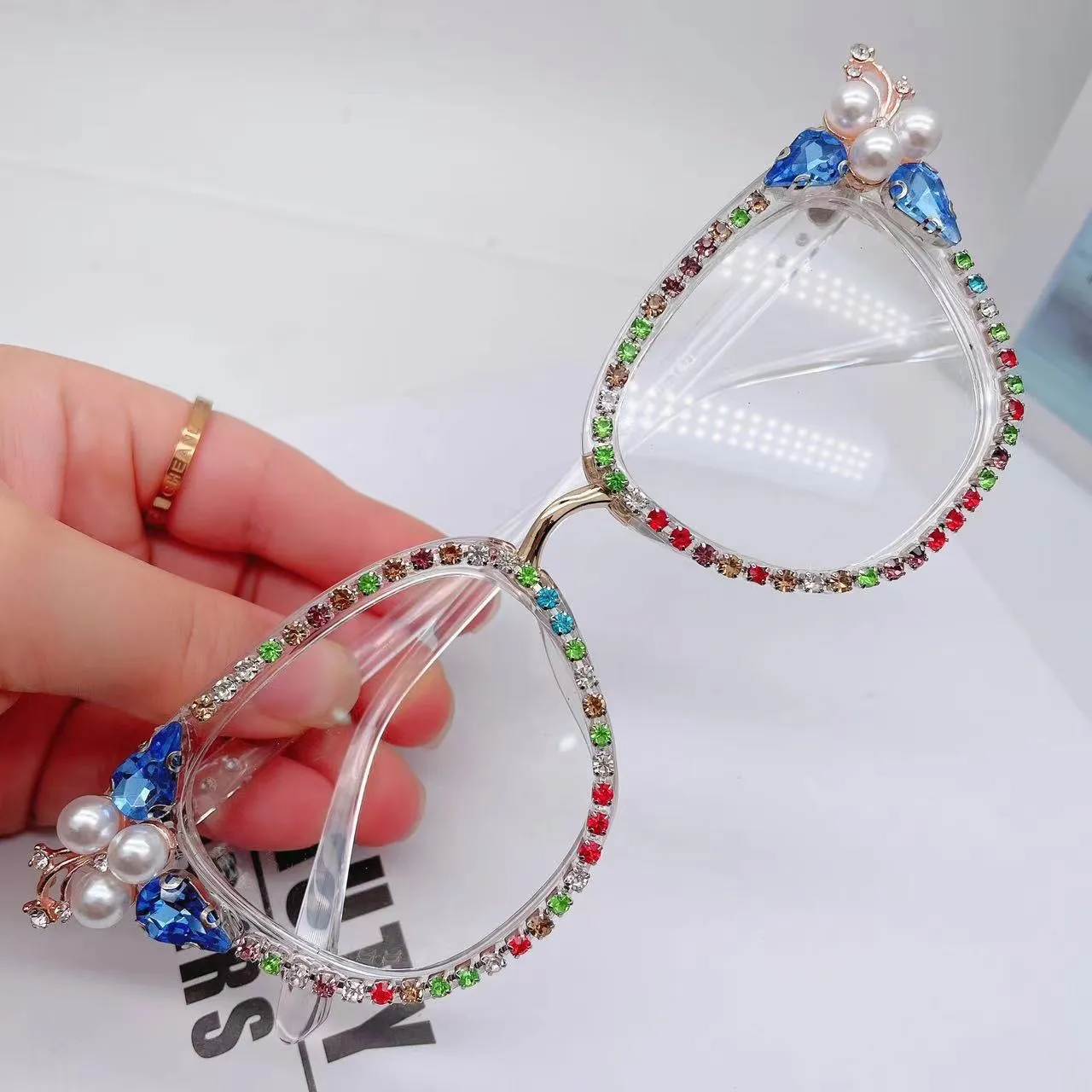 Designer Dekorativ diamantpärl Clear Lenses Eyeglass Luxury Sparkling Gorgeous Decorative Gift Glass Anti-Blue High Quality 4 Color