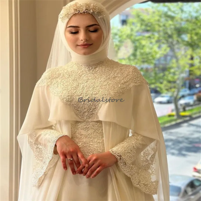 chinese dress ladies Luxury Dubai Blue Arabic Evening Dress with Cape Sleeves Elegant High Neck  Muslim Women Wedding Party Gowns SS451 – DreamyVow main image 1