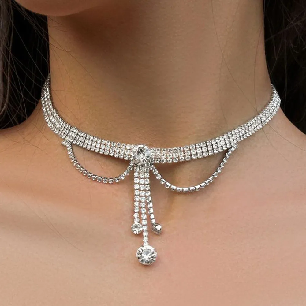 Trend All-Match Multi-Layer Tassel Necklace Sparkla Luxury Shiny Rhinestone Clavicle Smycken Halsband