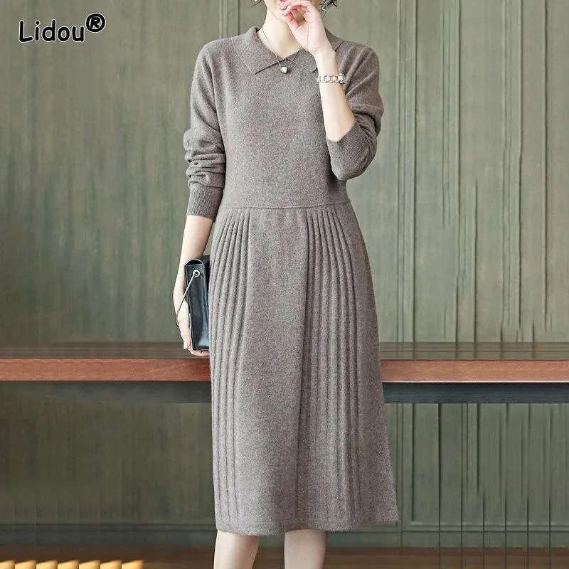 Klänningar ren bomullselasticitet popularitet Turndown Collar Slim Office Lady Dresses Solid Color Elegant Autumn Winter Women's Clothing