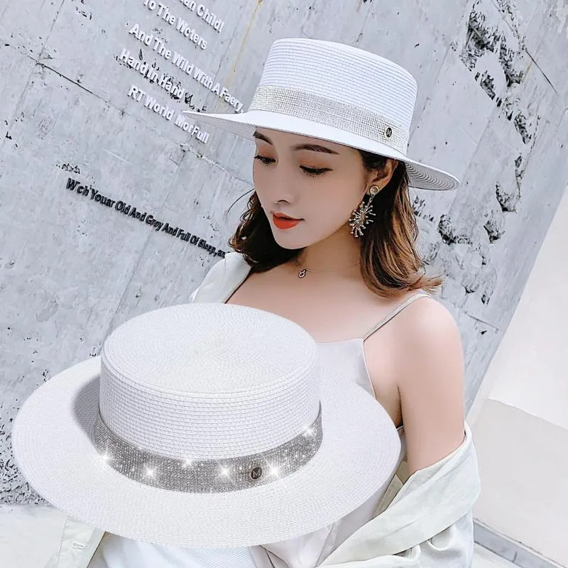 Wide Brim Hats 2023 Sun Hat Summer Women's Japanese M Letter Rhinestone Female Flat Top Straw Cap Ladies Sunhat Beach For Women