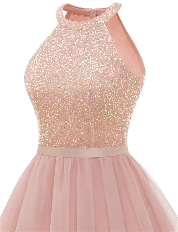 short rose gold homecoming dress Sexy Deep V Neck Mini Homecoming Dress, Pink Sequins Homecoming Dress –  Hoprom main image 0