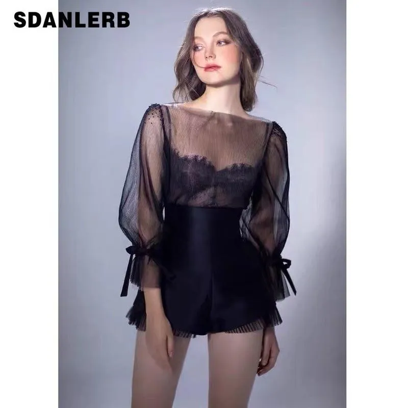 Dress Black French Retro Top Women Summer Women Long Sleeve Mesh Shirt Sexy Slimming Blusas De Mujer Lace Sling Shorts Elegant Set