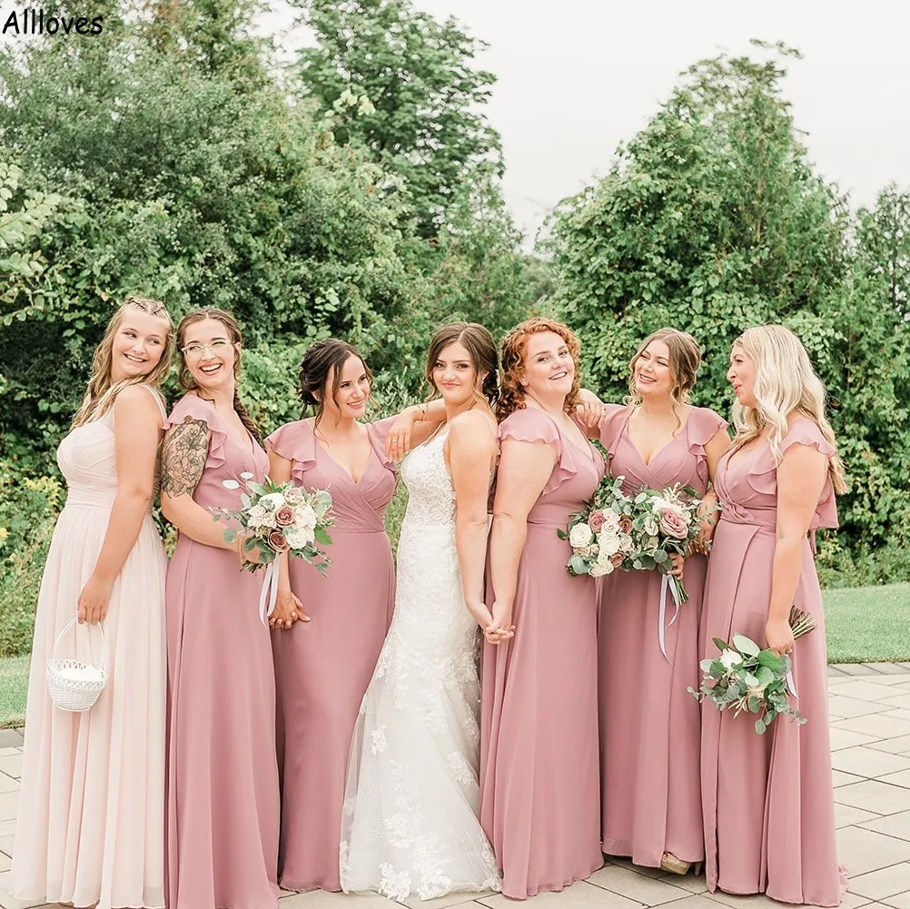 Dusty Pink Chiffon A Line Bridesmaid Dresses Long Backless Sexy V Neck Plus Size Maid Of Honor Gowns Floor Length Girl Formal Wear Wedding Guest Party Dress CL2305