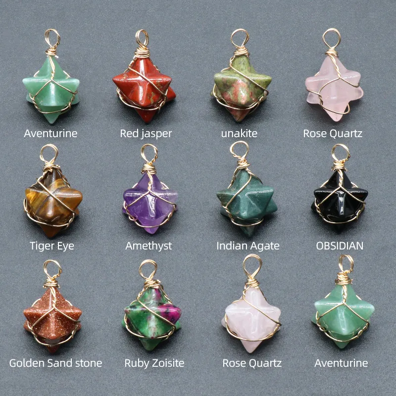 Fashion Natural Crystal Stone Pendant Wire Wrap Charm Six Point Star Obsidian Rubies Zoisite Amethysts Pink Quartz Pendulum