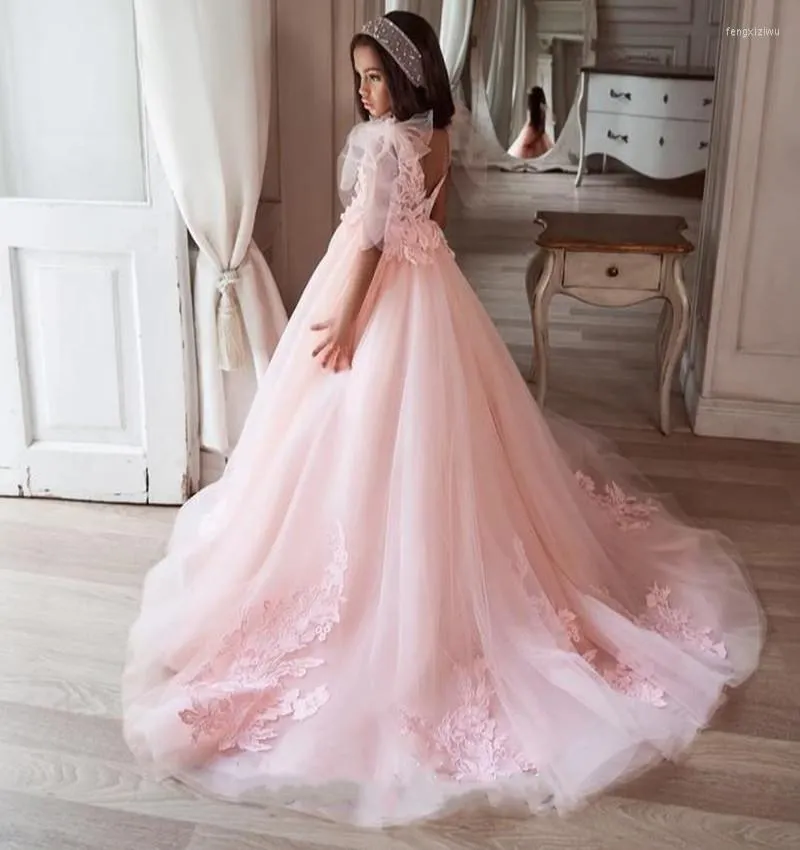 Vestido com flor e renda para meninas, vestido de princesa com