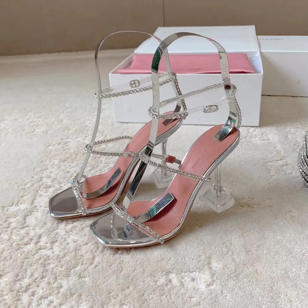 Transparent PVC White Crystal Embellished Glass Heels Sandals 95mm Strap Spool Heels for Women s Banquet Dress Shoes Size 34 43