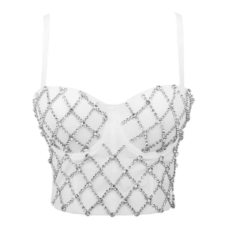 T-shirt m2ea kvinnor sexig ärmlös bustier bra criss cross rhinestone korsett beskuren kamisol