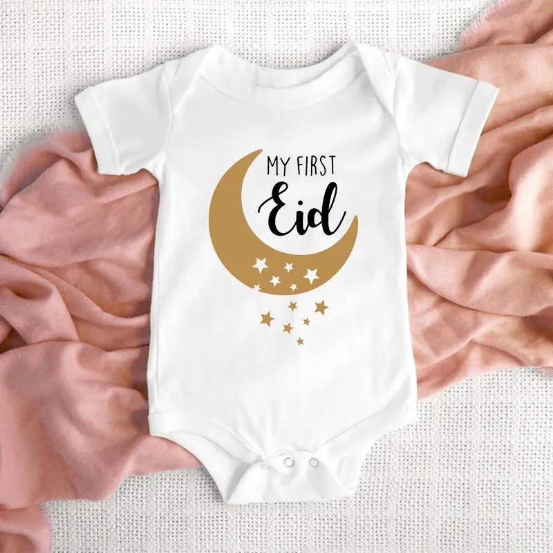 Rompers 2023 My First Eid Cute Baby Short Sleeve Bodysuit Cotton Born Girl Boy 1st Outfit Ramadan Party Clothes Gifts