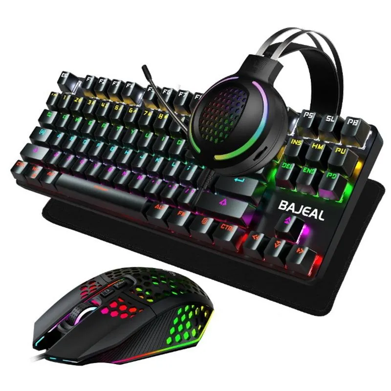 Combos BAJEAL Gaming Mecânico Teclado e Mouse Combo 87Key 9Color Light com RGB Headset MousePad para PC Mac Windows