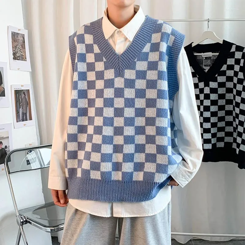 Vintage Plaid Checkerboard Blue Mens Argyle Sweater Vest With