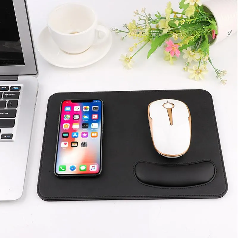 Rest med telefon trådlös laddning pu läder träkorn vattentät laddare mousepad för pc laptop skrivbord bärbar spel söt mus pad
