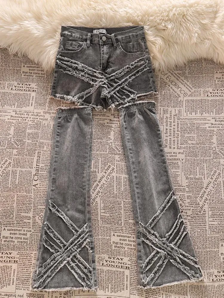 Женские джинсы Nicemix Высокая талия съемный дизайнер -дизайнер с серыми кисточками для девушки плетения тысячелетние джинсовые брюки панк уличная одежда