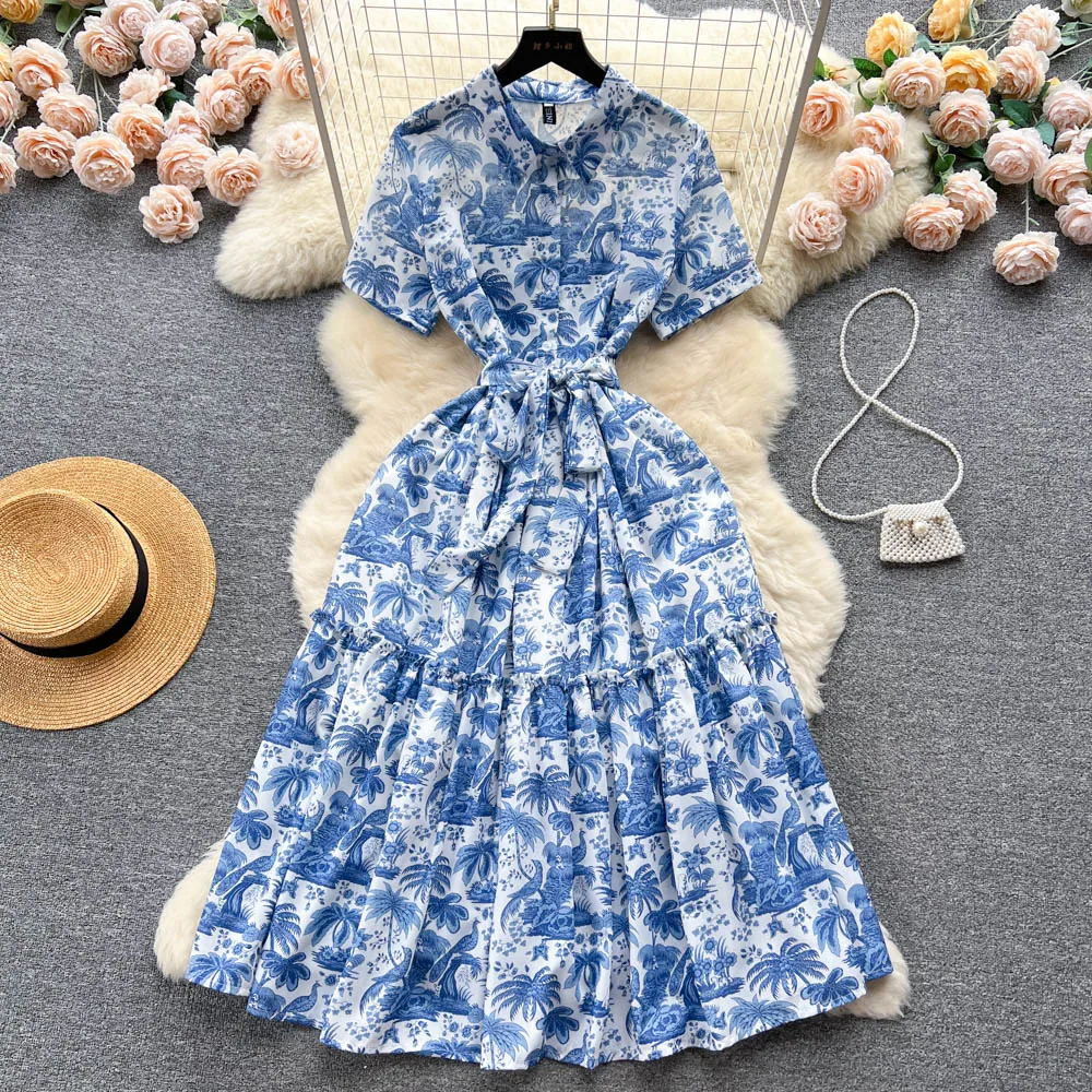 Casual Dresses 2023 A Line Blue Red Fashion New Summer Lady Elegant Crew Pleated Casual Short Sleeve Floral Printed Belt Dresses For Women Party Dresses