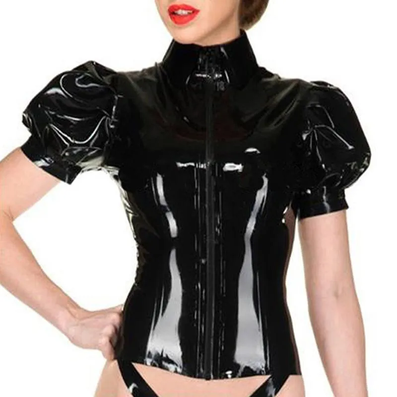 T-shirt Women Puff Sleeve Stand Collar Tshirt Wet Look PVC Tops Shiny Leather Short Sleeves Gothic Punk Top Sexy Party Clubwear