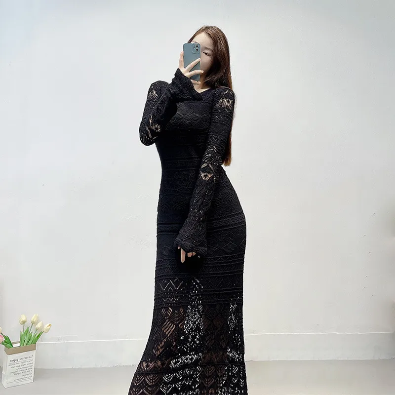 M Aje Casual Knit Dress Black Round Neck Flare Sleeve Long Hollow Hook  Flower Design From Shunlifacai669, $180.68 In Bulk | DHgate.Com