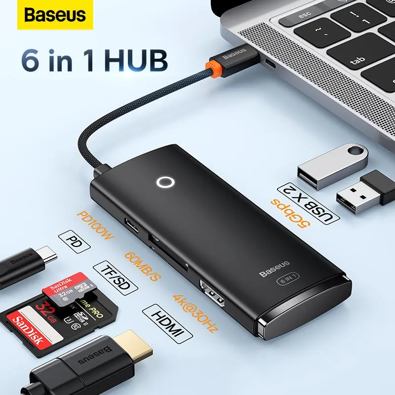 Hubs Baseus Lite Series USB Hub 6 in 1 Stazione di docking Hub Typec HDMicompatible USB 3.0 Adapter per MacBook Pro Air Samsung Galaxy Galaxy