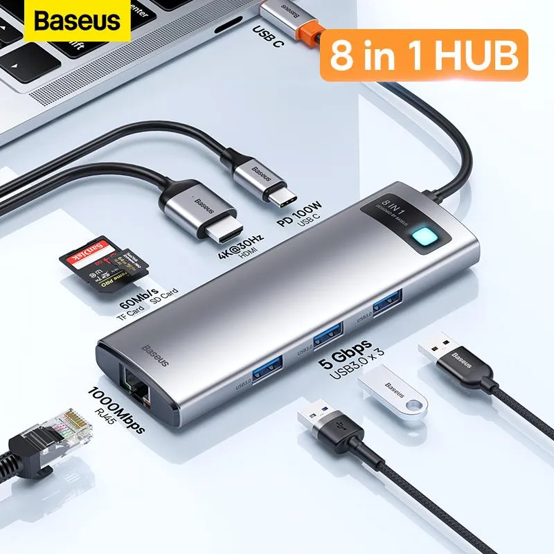 Hubs Baseus USB Hub Tipo C a Multi USB 3.0 4K HD PD 100W Porta USB Adaptador de cubo para MacBook Pro iPad Laptop USB Splitter USB 3.1 C Hub